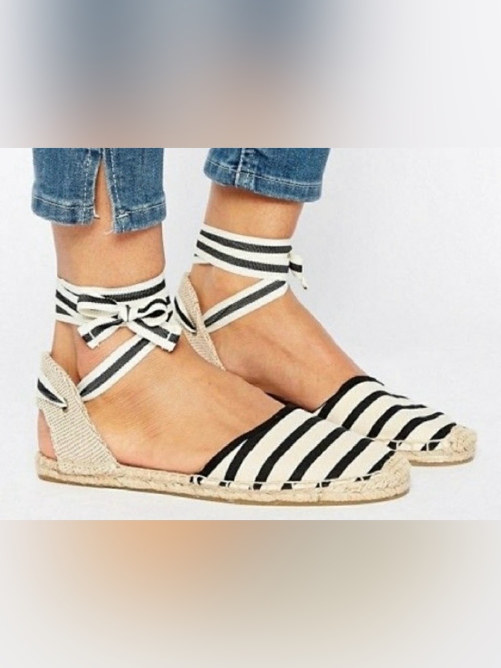 Soludos Striped Ankle-Tie Espadrille Flats - Black & Natural 7.5